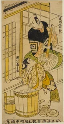 Näyttelijä Ichikawa Danjuro II Kenkaya Gorouemonina ja Segawa Kikunojo I Osenina näytelmässä "Hatsugoyomi Akinai Soga", joka esitettiin Nakamura-teatterissa ensimmäisen kuukauden aikana, 1732