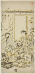 Näyttelijät Tamazawa Saijiro I Oiso no Torana ja Ichimura Uzaemon VIII Soga no Juro -näytelmässä "Haru wa Akebono Kuruwa Soga", joka esitettiin Ichimura-teatterissa ensimmäisen kuukauden aikana, 1743