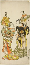 Näyttelijät Yamashita Kinsaku I ja Hayakawa Hatsuse nukkenäyttelijöinä näytelmässä "Diary Keept on a Journey by Sea to Izu" ("Funadama Izu Nikki"), joka esitettiin Nakamura-teatterissa ensimmäisen kuukauden aikana, 1725.