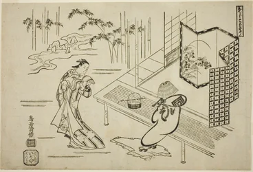 Näyttelijät Nakamura Takesaburo I Kewaizaka no Shoshoa ja Ichikawa Danjuro II Soga no Gorona pukeutuneena komusoksi näytelmässä "Bando Ichi Kotobuki Soga", joka esitettiin Nakamura-teatterissa ensimmäisenä kuukautena vuonna 1715.