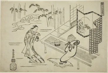 Näyttelijät Nakamura Takesaburo I roolissa Kewaizaka no Shosho ja Ichikawa Danjuro II roolissa Soga no Goro pukeutuneena komusoksi näytelmässä "Bando Ichi Kotobuki Soga", joka esitettiin Nakamura-teatterissa ensimmäisen kuukauden aikana.