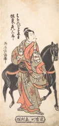 Bandō Hikosaburō Hanaregoma Chōkichin roolissa pitelemässä mustaa hevostaan, ca. 1756, ca. 1756.