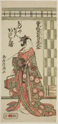 Näyttelijä Arashi Sankatsu Kanamuraya Osanina näytelmässä "Soga Hiiki Nihon Sakura", joka esitettiin Nakamura-teatterissa kolmannessa kuussa vuonna 1762.