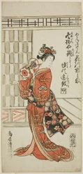 Näyttelijä Hanagawa Ichinojo Akane Gozenina näytelmässä "Okunizome Shusse Butai", joka esitettiin Ichimura-teatterissa yhdentenätoista kuussa vuonna 1759.