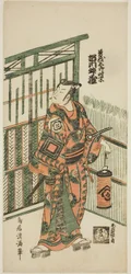 Näyttelijä Ichikawa Masuzo I roolissa Soga no Gorona näytelmässä "Tokitsukaze Irifune Soga", joka esitettiin Nakamura-teatterissa vuoden 1758 ensimmäisessä kuussa.
