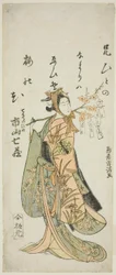 Näyttelijä Ichiyama Shichizo I Terute Himenä näytelmässä "Shuen Soga Omugaeshi", joka esitettiin Ichimura-teatterissa vuoden 1768 ensimmäisessä kuussa.