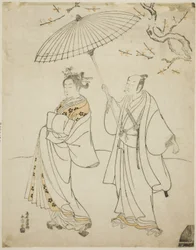 Näyttelijät Ichikawa Komazo I (vas.) ja Nakamura Matsue I (oik.)