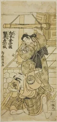 Näyttelijät Matsumoto Koshiro III Orokuna ja Bando Hikosaburo II Fujitarona näytelmässä "Shomei Muken no Kane", joka esitettiin Nakamura-teatterissa yhdeksännessä kuussa vuonna 1767.