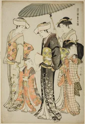 Tyttö ja neljä palvelijaa sarjasta "A Brocade of Eastern Manners (Fuzoku Azuma no nishiki)"