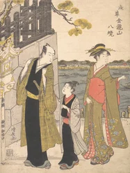 Mies pojan ja geishan kanssa vierailemassa Kinryusanin temppelissä, n. 1787.