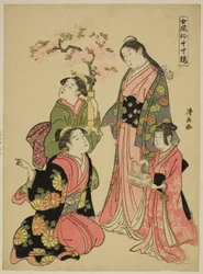 Jalo nuori nainen sarjasta "Naisellisten tapojen peili (Onna fuzoku masu kagami)"