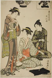 Vilvoittelua Nakasussa (Nakasu no suzumi), sarjasta "A Collection of Contemporary Beauties of the Pleasure Quarters (Tosei yuri bijin awase)"