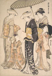 Korkea-arvoinen samuraityttö neljällä hoitajalla sarjasta A Brocade of Eastern M..., n. 1784.