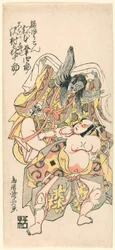 Matsumoto Koshiro III (Kusunoki Bokon) ja Sawamura Kijuro (Omori Hikoshichi) draamakohtauksessa (Sandaime Matsumoto Koshiro no Kusunoki Bokon to Sawamura Kijuro no Omori Hikoshichi)