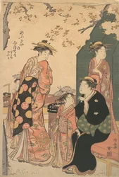 Ogiyan kurtisaani Nioterun muotokuva kahden avustajan Namijin ja Ao-...n kanssa, n. 1785.