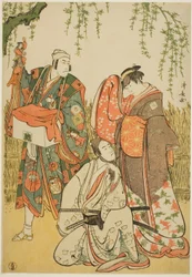 Näyttelijät Ichikawa Yaozo III Shiragikuna, Ichikawa Danjuro V nukkenäyttelijänä Dekurokubeina ja Sawamura Sojuro III Soga no Jurona jorurissa "Shinobukoi Yanagi no Katsura Otoko", joka esitettiin Nakamura-teatterissa ensimmäisen kuukauden aikana, 1785.