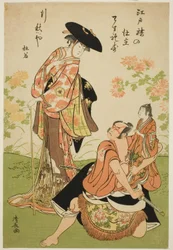 Näyttelijät Iwai Hanshiro IV Kuzunohana, Ichikawa Yaozo III Yakanpeina ja Ichikawa Ebizo IV Abe no Dojina näytelmässä "Ashiya Doman Ouchi Kagami", joka esitettiin Nakamura-teatterissa yhdeksännessä kuussa 1784.