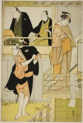 Näyttelijät Nakamura Riko I Tanbaya Otsumana ja Ichikawa Yaozo III Furuteya Hachirobeina jorurissa "Sakamachi Yoi no Yotsutsuji", joka esitettiin Nakamura-teatterissa kolmannella kuukaudella 1785.