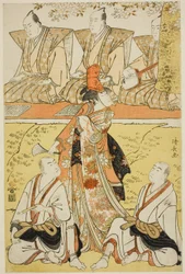 Näyttelijät Segawa Kikunojo III Koitona, Sawamura Sojuro III munkki Sainenbona ja Ichikawa Monnosuke II munkki Renseibona shosassa "Mata Saku Hana Museume Dojoji", joka esitettiin Nakamura-teatterissa neljännellä kuukaudella 1783.
