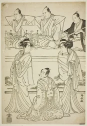Näyttelijät Segawa Kikunojo III Yatsuhashin haamuna, Sawamura Sojuro III Soga no Jurona ja Ichikawa Danjuro V Seigenin haamuna näytelmässä "Sono Omokage Matsu ni Sakura", joka esitettiin Nakamura-teatterissa ensimmäisen kuukauden aikana. 1783