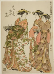 Kurtisaani Paalla. Ogiyan kurtisaani Toji avustajiensa Satojin ja Urajin kanssa sarjasta "Models for Fashion: New Designs as Fresh as Young Leaves (Hinagata wakana no hatsu moyo)", ratsastaa Yoshiwarassa Kamuronsa ja hänen mukanaan o