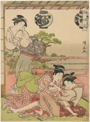Kaksi geishaa kamppailee kirjeestä (Fumi no arasoi), sarjasta "Nakasun kukat (Nakasu no hana)"