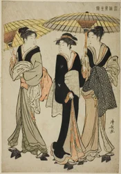 Sateenvarjoja suihkussa sarjasta "A Brocade of Eastern Manners (Fuzoku Azuma no nishiki)"