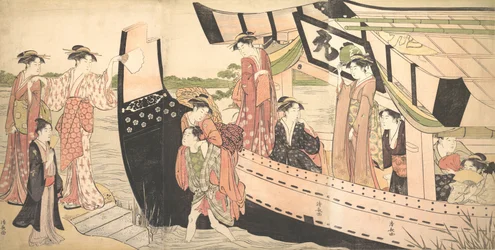 Naiset laskeutuvat rantaan vedetystä huviveneestä Mukojimassa Sumida-joella, ..., n. 1785.