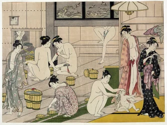 Naisia julkisessa kylpylässä. Torii Kiyonagan (1752-1815) japanilainen vedos, noin 1785. Torii-koulukunta (ukiyo-e tai ukiyo e).