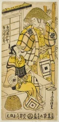 Näyttelijät Ichikawa Danjuro II Onio Shinzaemonina ja Ichikawa Masugoro Soga no Gorona näytelmässä "Furiwake-gami Hatsugai Soga", joka esitettiin Ichimura-teatterissa ensimmäisen kuukauden aikana, 1735.