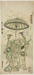 Näyttelijät Ichimura Kamezo I Kanto Korokuna ja Arashi Tominosuke I Hayasakina näytelmässä "Hokazo Yunzei Hachinoki", joka esitettiin Ichimura-teatterissa 11. kuussa 1748.