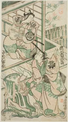 Näyttelijät Sanogawa Ichimatsu I Ike no Shojina ja Segawa Kikujiro I Hitachi Kohagina näytelmässä "Mangetsu Oguri Yakata", joka esitettiin Ichimura-teatterissa kahdeksannessa kuussa 1747