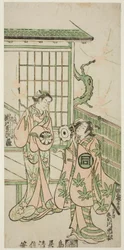 Näyttelijät Sanogawa Ichimatsu I roolissa Minamoto no Yorimasa ja Segawa Kikujiro I roolissa Nobutsuran vaimo Karumo näytelmässä "Shusse Momijigari", joka esitettiin Ichimura-teatterissa yhdentenätoista kuussa vuonna 1747.