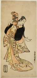 Näyttelijä Ichikawa Monnosuke I Oiso no Toran roolissa näytelmässä "Nigiwai Suehiro Soga", joka esitettiin Morita-teatterissa ensimmäisenä kuukautena 1721 (?)