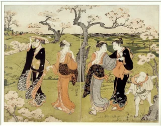 Piknik kirsikankukkien alla Assaakayamassa. Japanilainen printti Torii Kiyonaga (1752-1815), Ukiyo-E tyyli