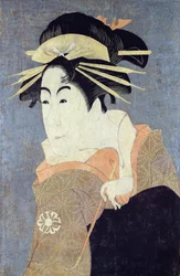 Matsumoto Yonesaburo kurtisaani Kewaizaka No Shosho (Shinobu) roolissa näytelmässä Katakiuchi Noriai Banashi, n. 1794-1795 (puukiviprintti) (katso myös 180628)