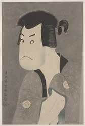 Näyttelijä Sakata Hangoro II Fujikawa Mizuemonina näytelmässä Hanaayama bunroku soga, Miyaki Theatre (värinen litojäljennys pahville)