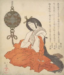 Kanjo Court Lady istuu ja Tsurikoro roikkuu lähellä päätään, n. 1825.