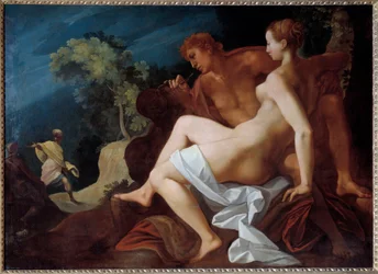 Angelique et Medor Kuvitus "" Le Roland Furieux" (Orlando Furioso), Ludovic Ariosto (Arioste) edustaa Medoria (Medoro) ja kaiverruttaa Angeliquen (Angelica) nimi, jonka kanssa hän juuri liittyi, kalliolle - Alareunassa , Roland saapuu, co