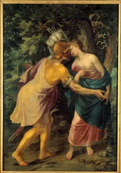 Soturin jäähyväiset kuningattarelle tai "Hyanthe (Hyante), jota Francus tervehtii" tai "Tancrede ja Herminie" - All Saints Dubreuilin maalaus (1561-1602)