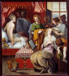 Hyante et Clymene a leur toilette Hyante (Hyanthe) et Clymene, Kreetan kuninkaan kaksi tytärtä, jotka heberge Francus, rakastunut tähän sankariin, ovat kiireisiä vessassaan seduirea varten - Toussaint Dubreuilin (1561-1602) maalaus Dim 1, 07x0,96 m