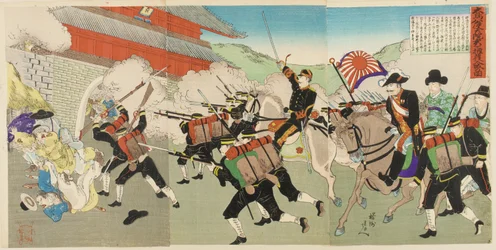 Kenraalimajuri Oshima suojelee Korean kuningasta, kun joukot hyökkäävät linnaan Kyongsongissa, 1895?