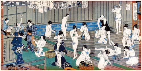 Kylpyläkohtaus, Toyohara Kunichikan vedos, 1800-luku