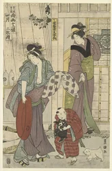 kalakauppias Neljäs kuukausi, triptyykki Yongatsu, sanbukutsui (otsikko esineessä) Toyohiron ja Toyokunin The Twelve Months (sarjan nimi) Toyohiro Toyokuni ryoga juniko (sarjan nimi esineessä)
