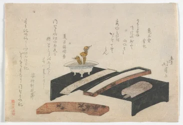 Surimono kuvaa kirjoituspöytää, Edo-kausi, n. 1800-1010 (värillinen puupainatus)