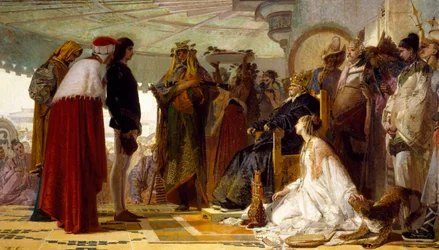 Marco Polo tartaarien suuren khaanin edessä, kirjoittanut Tranquillo Cremona, noin 1863