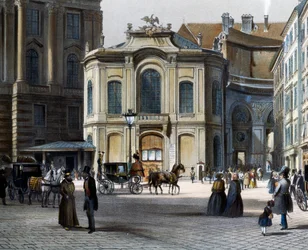 Burgtheater Wienissä Michaelerplatz ja Winterreitschule (talviratsastuskoulu) oikealla, kirjoittanut Tranquillo Mollo (1767-1837), värillinen kaiverrus, Itävalta