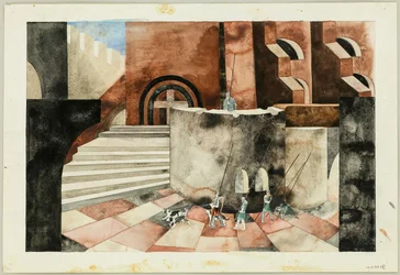 Lavasuunnittelu Friedrich Hebbelin Tragedy Die Nibelungen -elokuvaan, noin 1934.