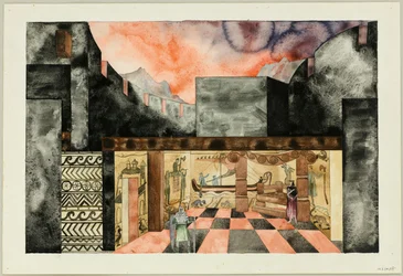 Lavasuunnittelu Friedrich Hebbelin Tragedy Die Nibelungen -elokuvaan, noin 1934.