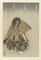 Näyttelijä Noh-teatterin näytelmässä Awaji Awaji (otsikko esineessä) Sata vielä pelissä (sarjan nimi) Nogaku hyakuban (sarjan nimi esineellä)
